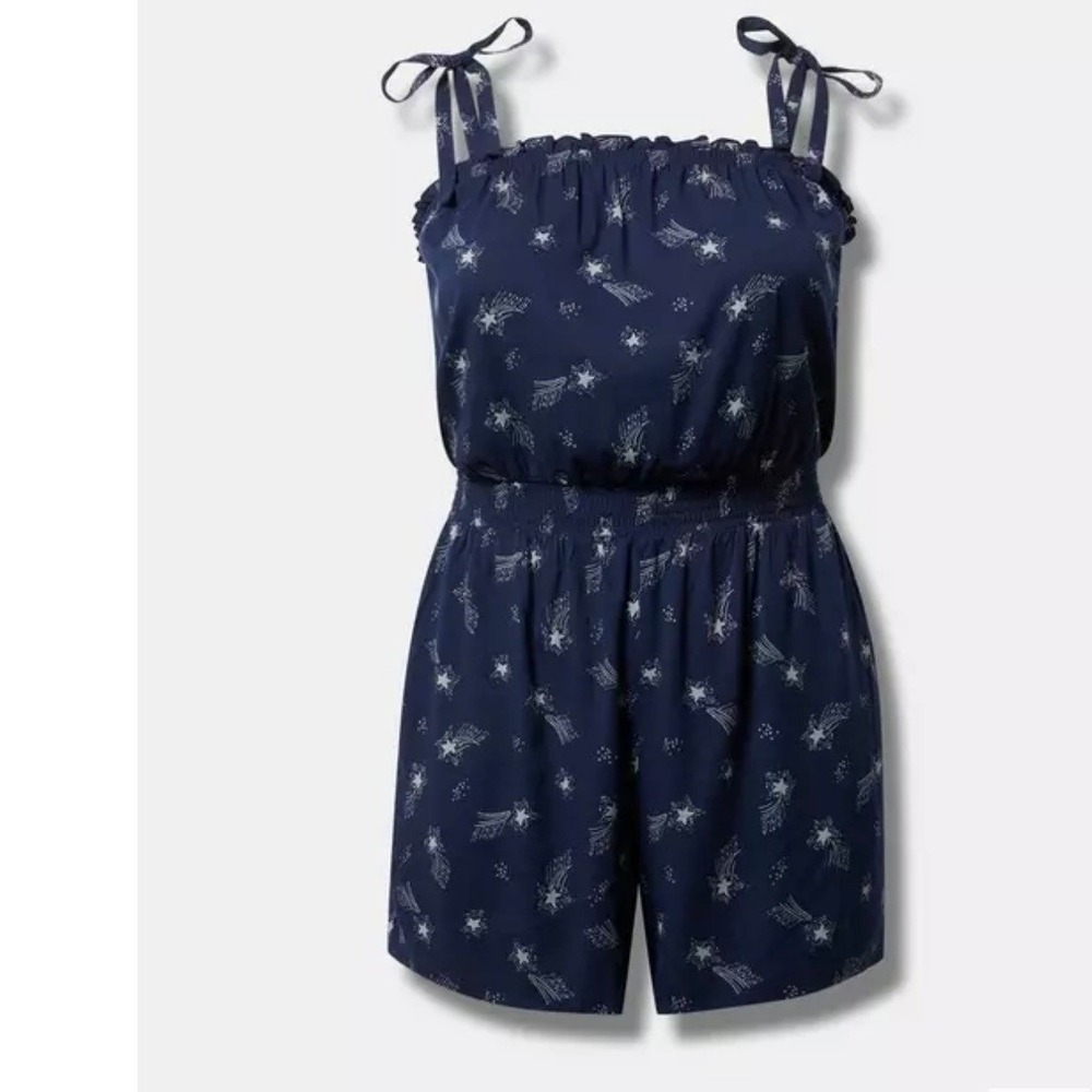 Torrid Navy Blue Shooting Star Celestial Romper Tie Strap Pockets Plus Size 5 5X